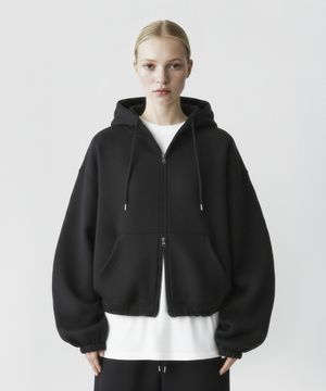 스트링 오버핏 투웨이 후드집업 - 블랙