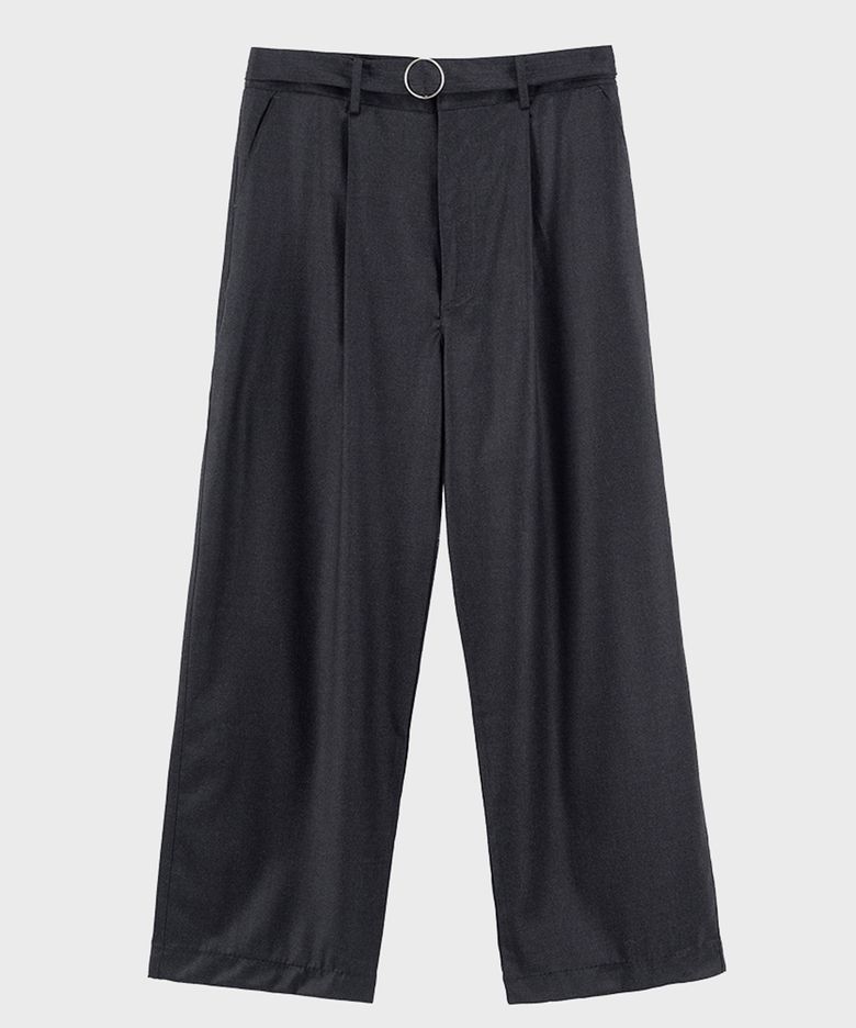 CHARCOAL BELTED WIDE WOOL TROUSER