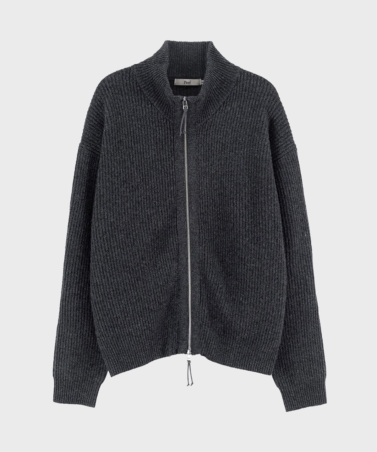 프레프(PREF) CHARCOAL DOUBLE ZIP HIGH NECK CARDIGAN