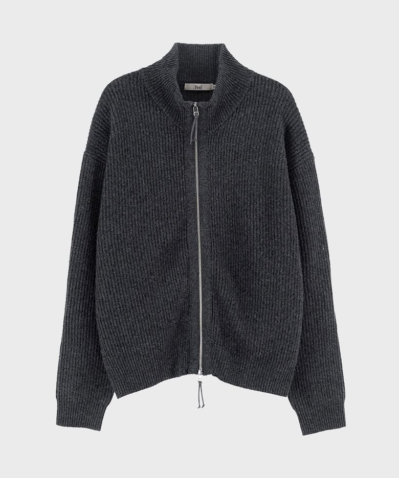 CHARCOAL DOUBLE ZIP HIGH NECK CARDIGAN
