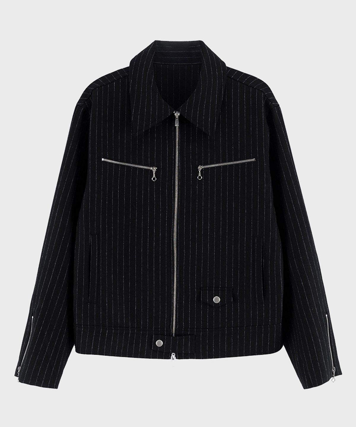프레프(PREF) BLACK PIN STRIPE WOOL SINGLE RIDER JACKET