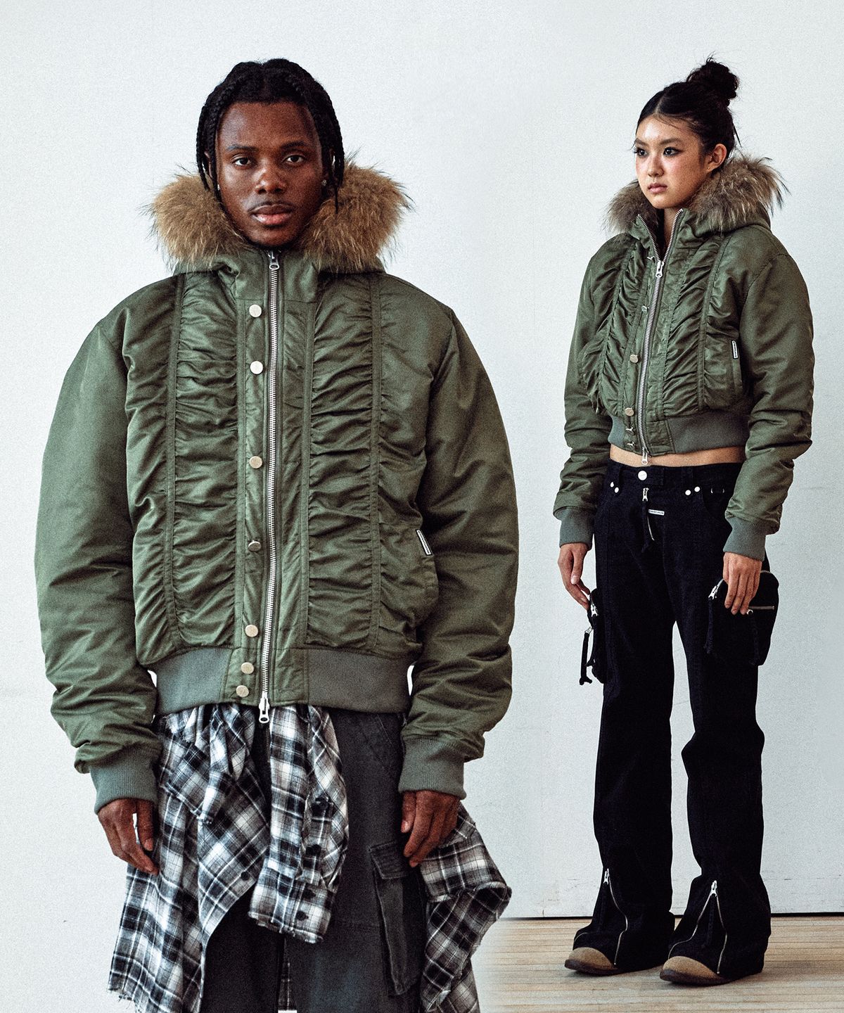 더바이닐하우스(THEVINYLHOUSE) FUR HOODED MA-1 JACKET KHAKI