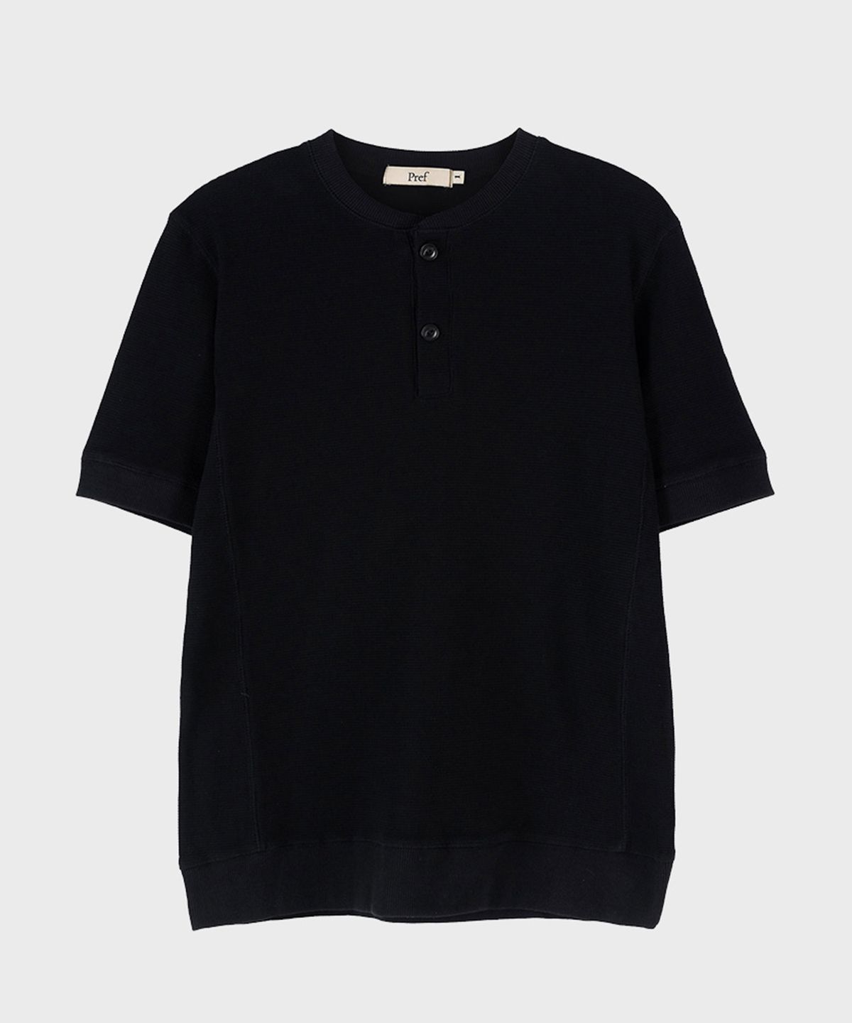 프레프(PREF) BLACK WAFFLE HENLEY NECK TOP