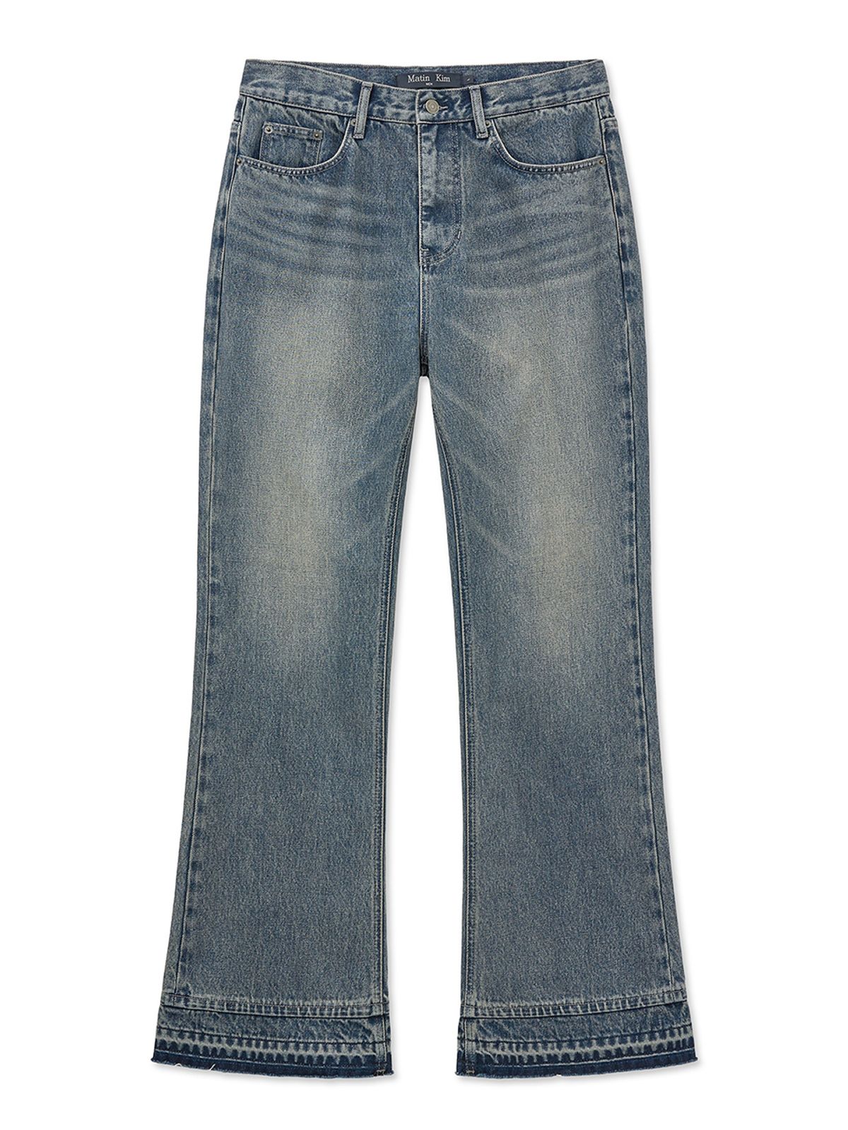 마뗑킴(MATIN KIM) WASHED FLARE DENIM PANTS FOR MEN IN LIGHT BLUE