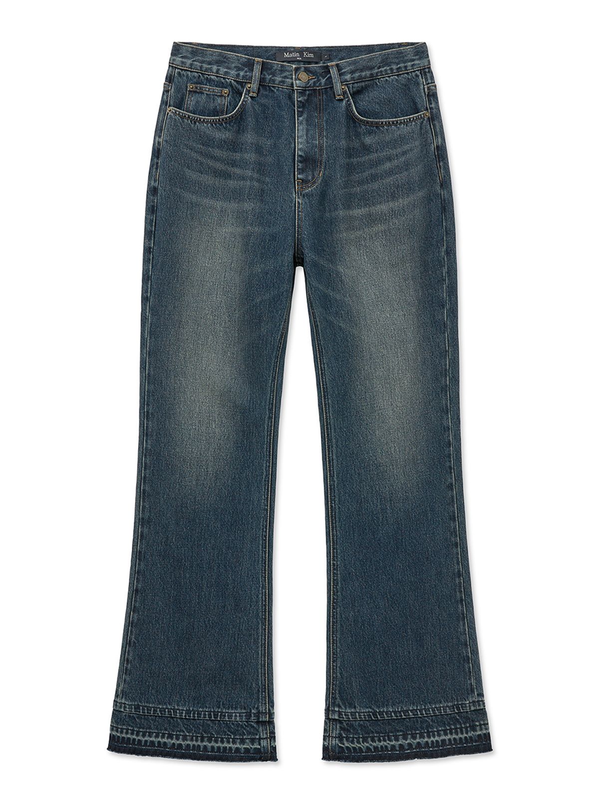 마뗑킴(MATIN KIM) WASHED FLARE DENIM PANTS FOR MEN IN BLUE