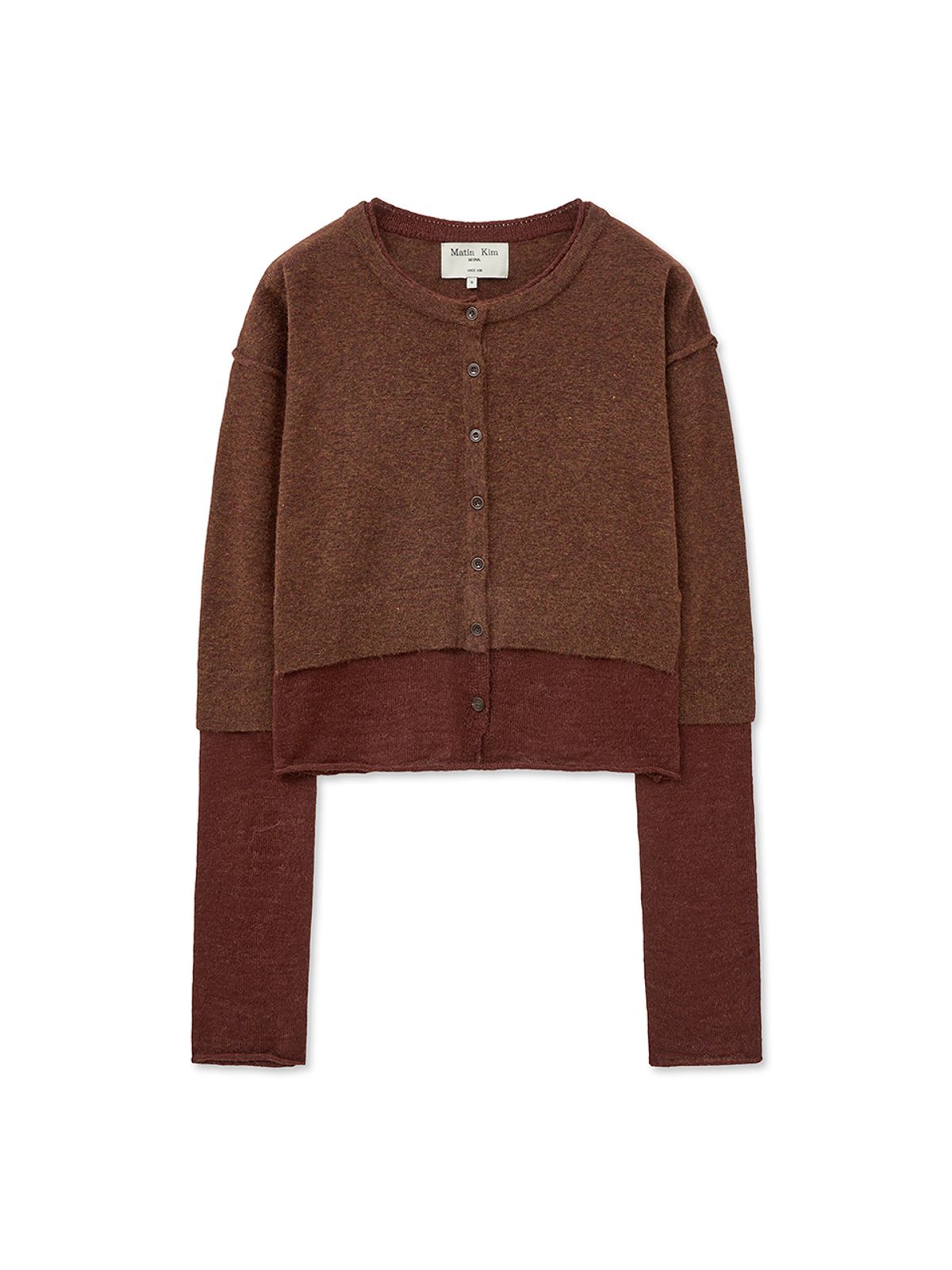 마뗑킴(MATIN KIM) LAYERED TEXTURE KNIT CARDIGAN IN BROWN