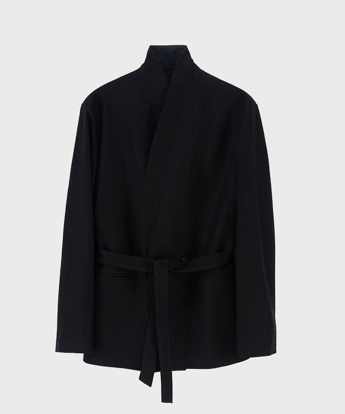 프레프(PREF) BLACK LINEN HERRINGBONE SHAWL COLLAR JACKET