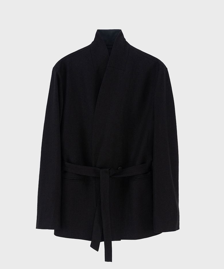 BLACK LINEN HERRINGBONE SHAWL COLLAR JACKET