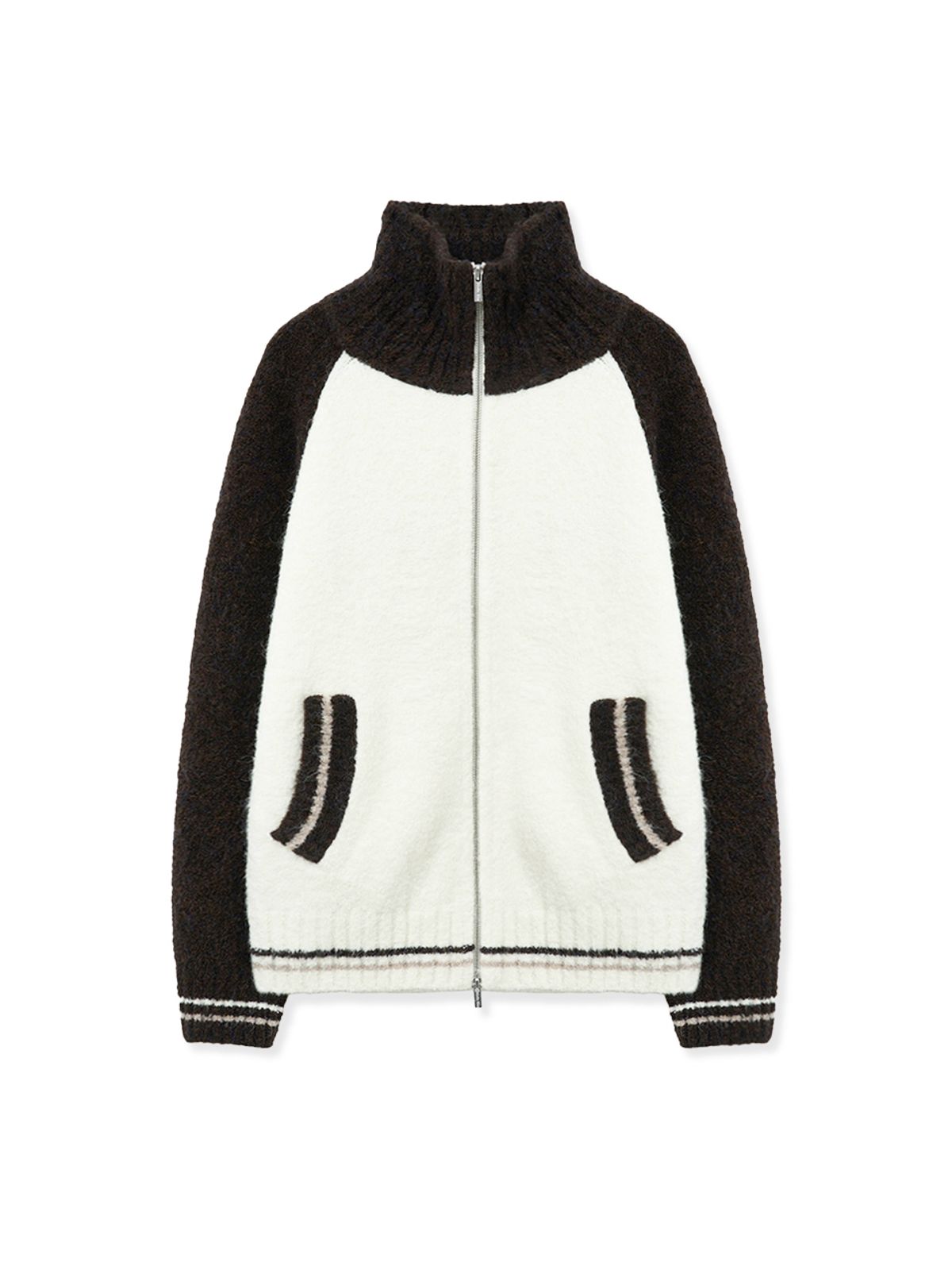 마뗑킴(MATIN KIM) HIGH NECK RAGLAN KNIT ZIP UP FOR MEN IN DARK BROWN