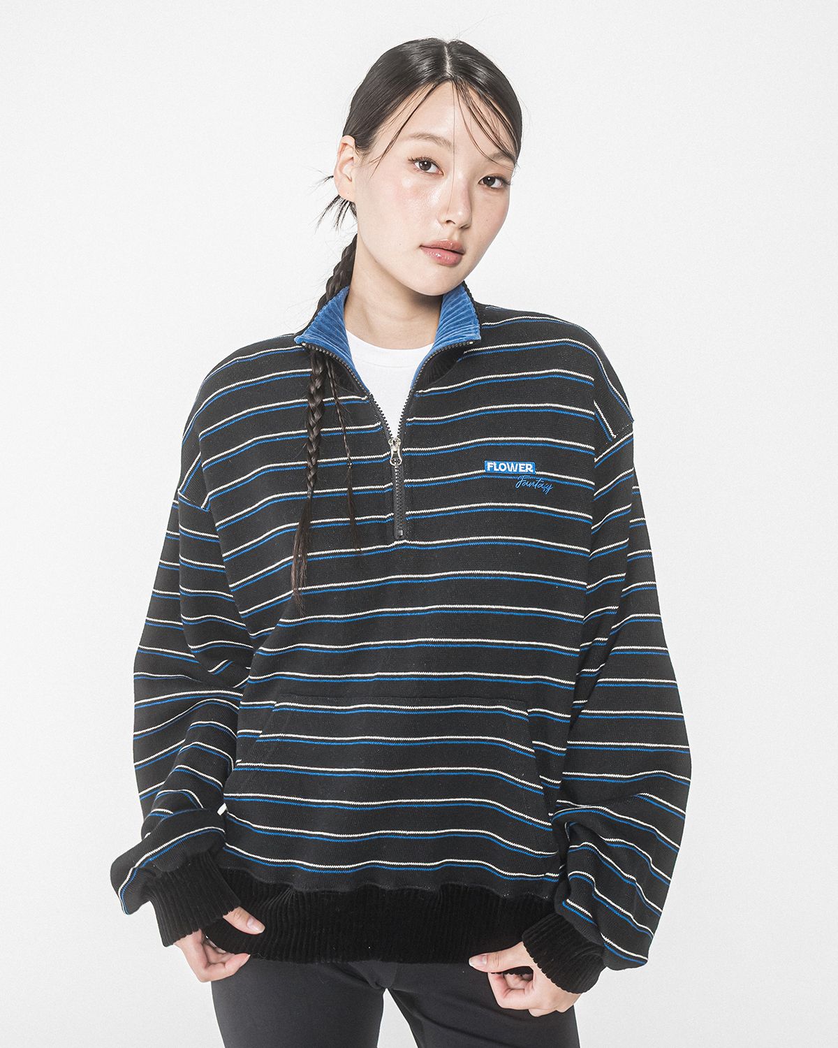 해비즘(HAVISM) FF STRIPE HALF ZIP UP SWEATSHIRT(BLACK)