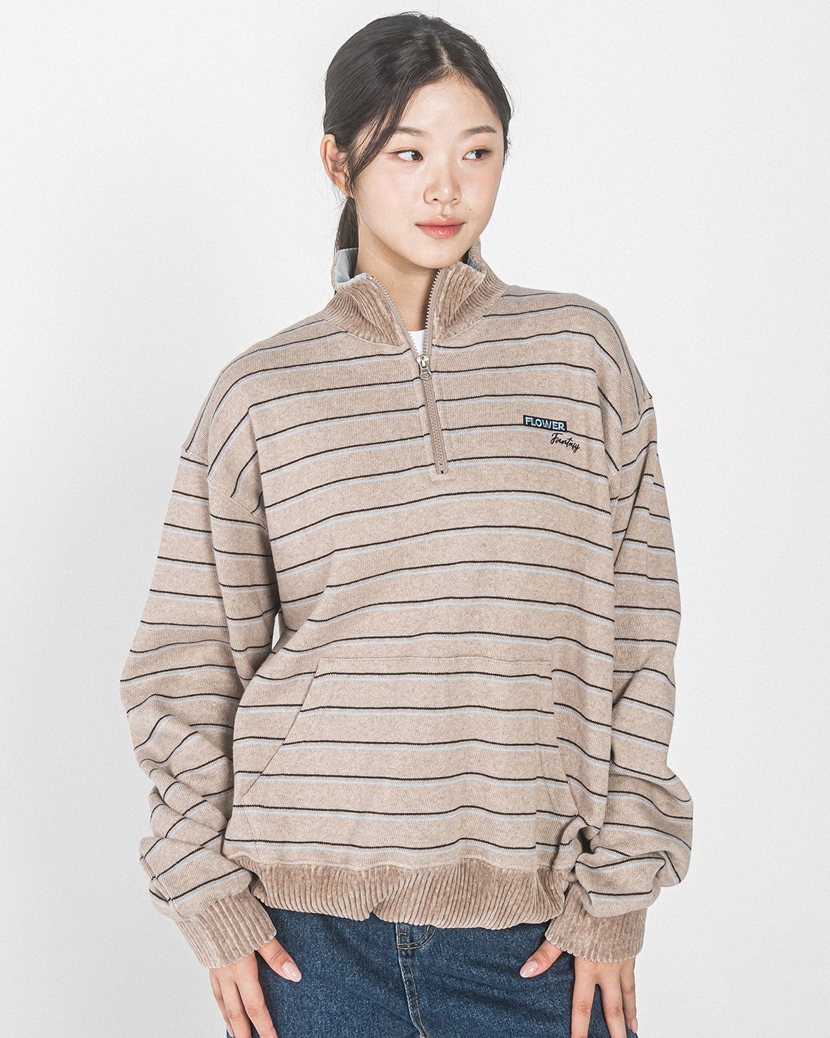 해비즘(HAVISM) FF STRIPE HALF ZIP UP SWEATSHIRT(MOCHA BEIGE)