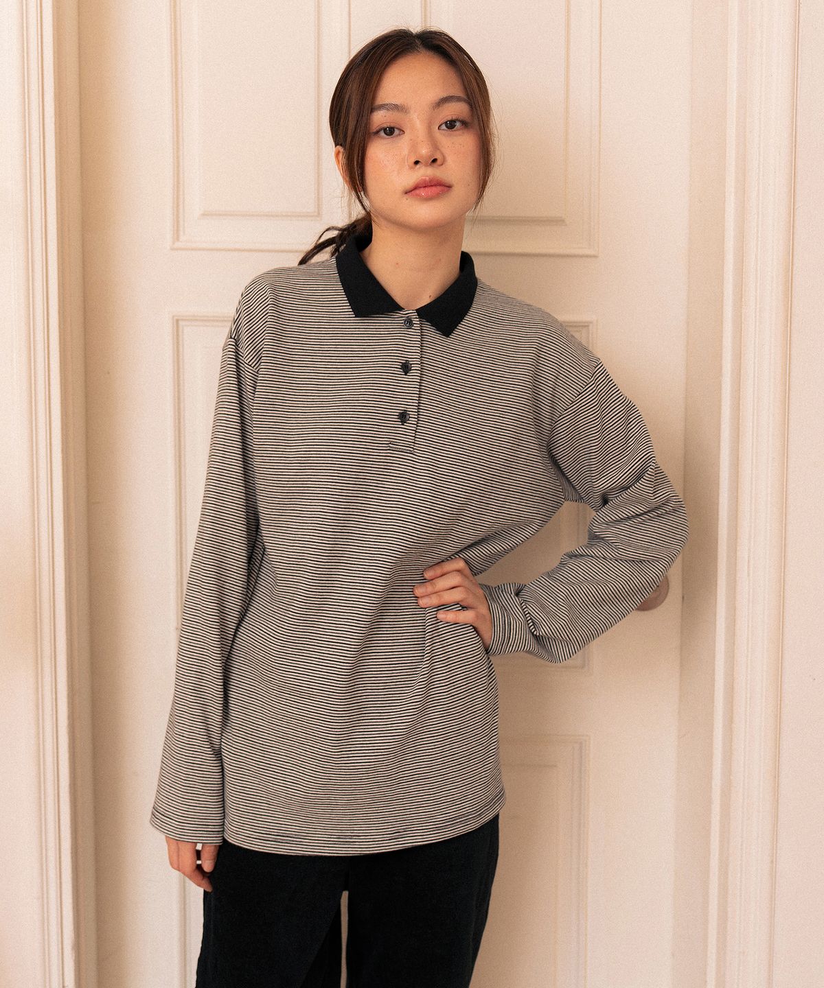 코튼벨(COTTON BELL) 모노 스트라이프 폴로 셔츠 - Gray/Black