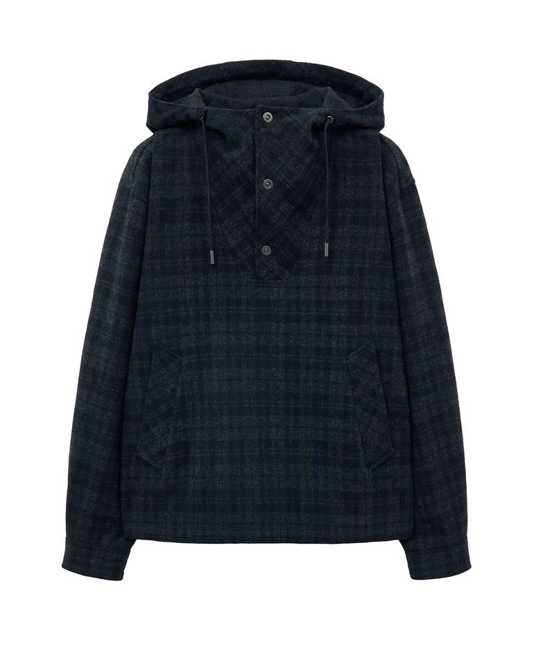 CHECK WOOL ANORAK HOODIE (NAVY)