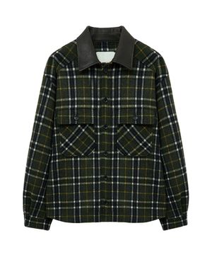 LEATHER COLLAR CHECK WOOL SHIRT JACKET (OLIVE)