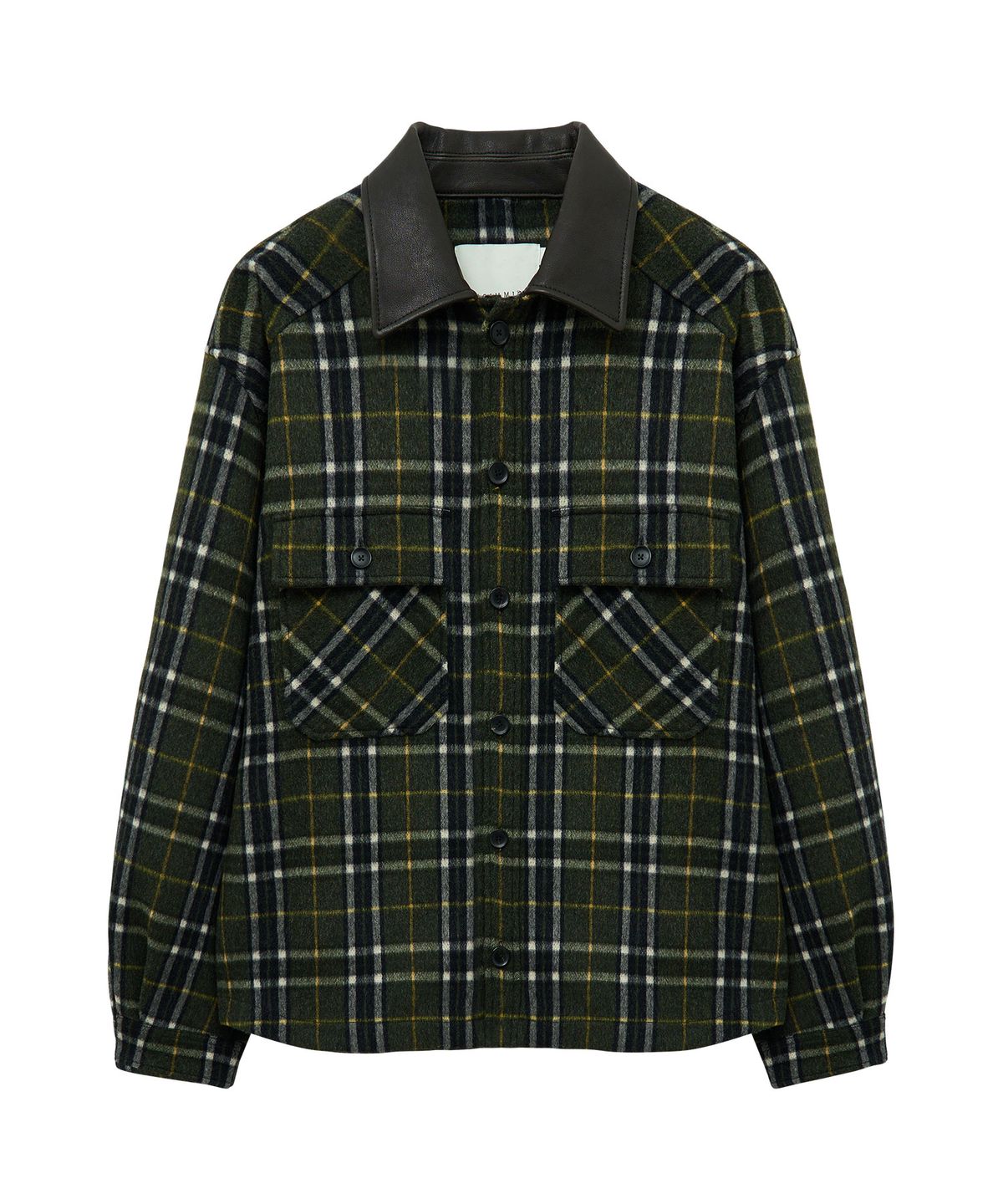 언지미크(UNGIMMICK) LEATHER COLLAR CHECK WOOL SHIRT JACKET (OLIVE)