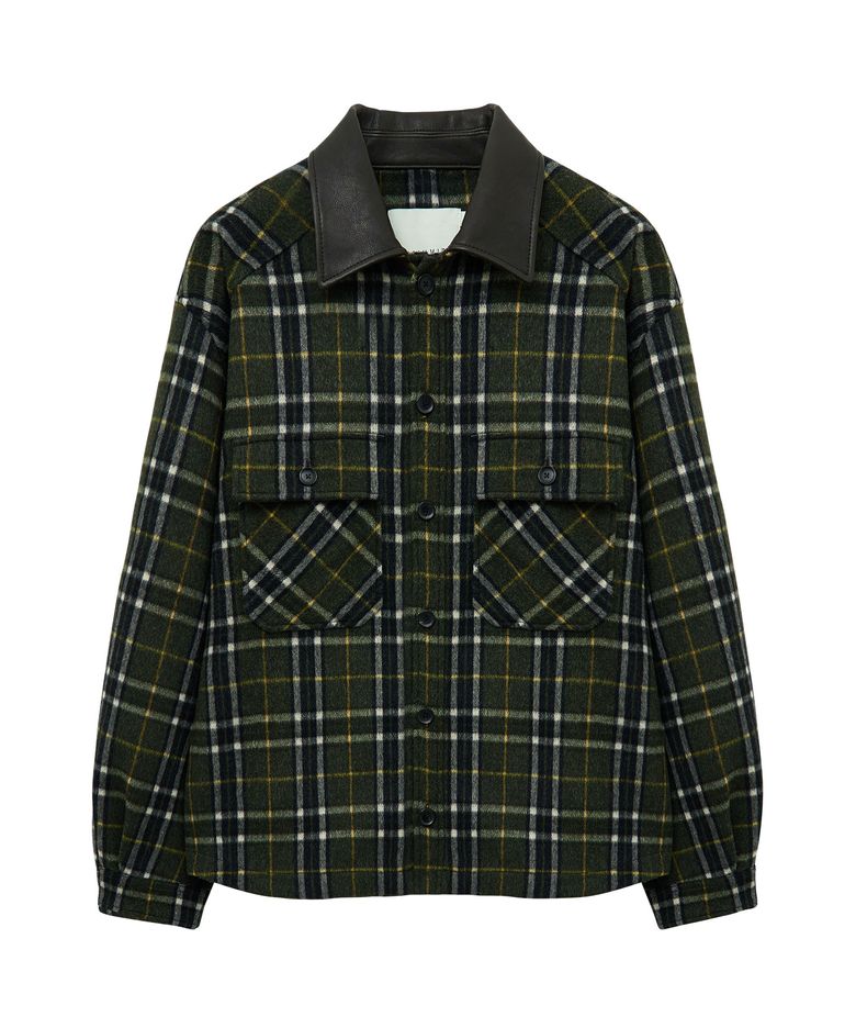 LEATHER COLLAR CHECK WOOL SHIRT JACKET (OLIVE)