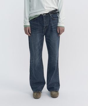 CASSETTE SEMI-FLARE DENIM PANTS - WASHED NAVY