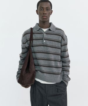 STRIPE WOOL POLO SWEATER - GREY BROWN