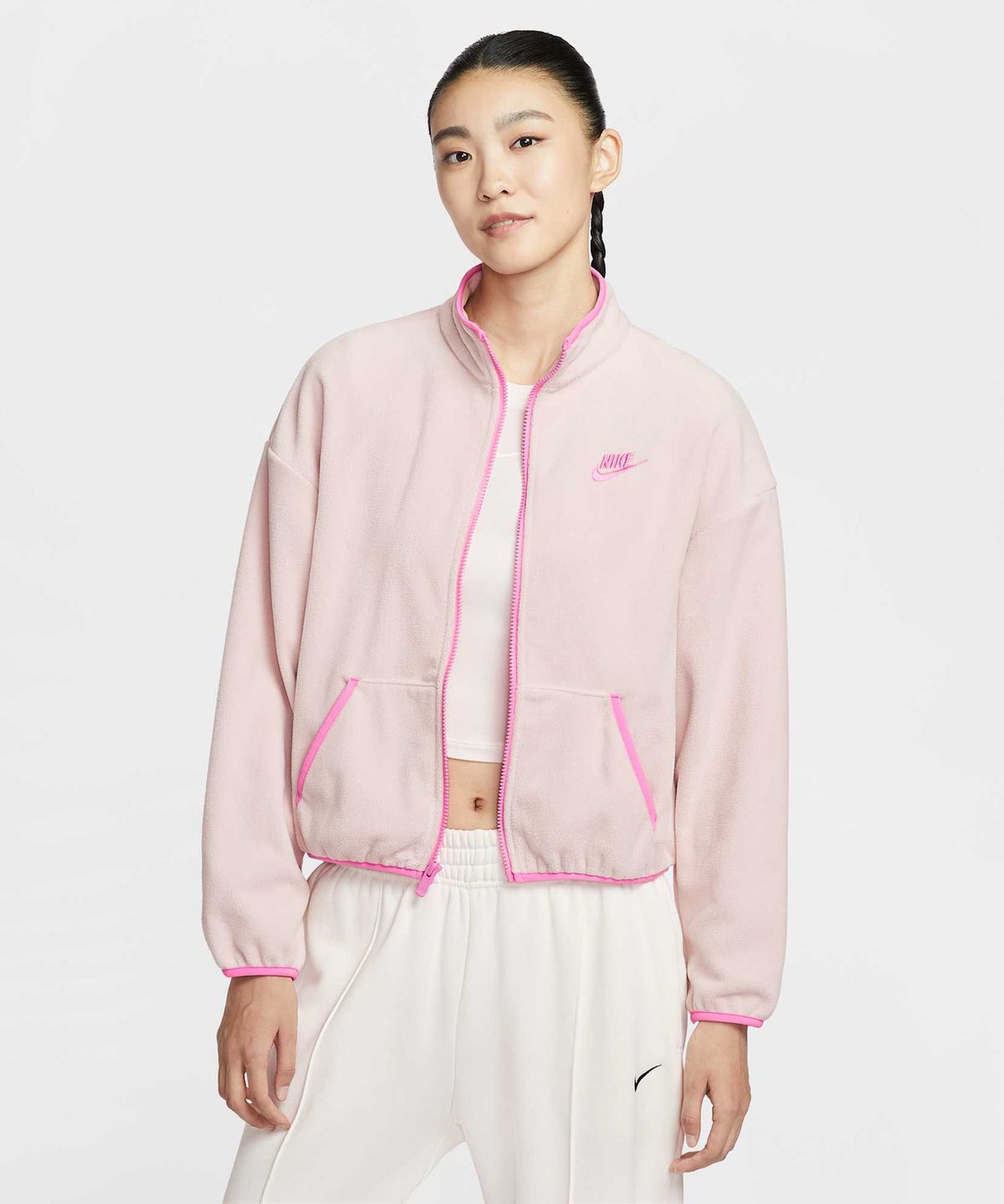 나이키(NIKE) 스포츠웨어 클럽 플리스 루즈 핏 코지 트랙 재킷 W - 실트 레드:플레이풀 핑크 / HV2731-667