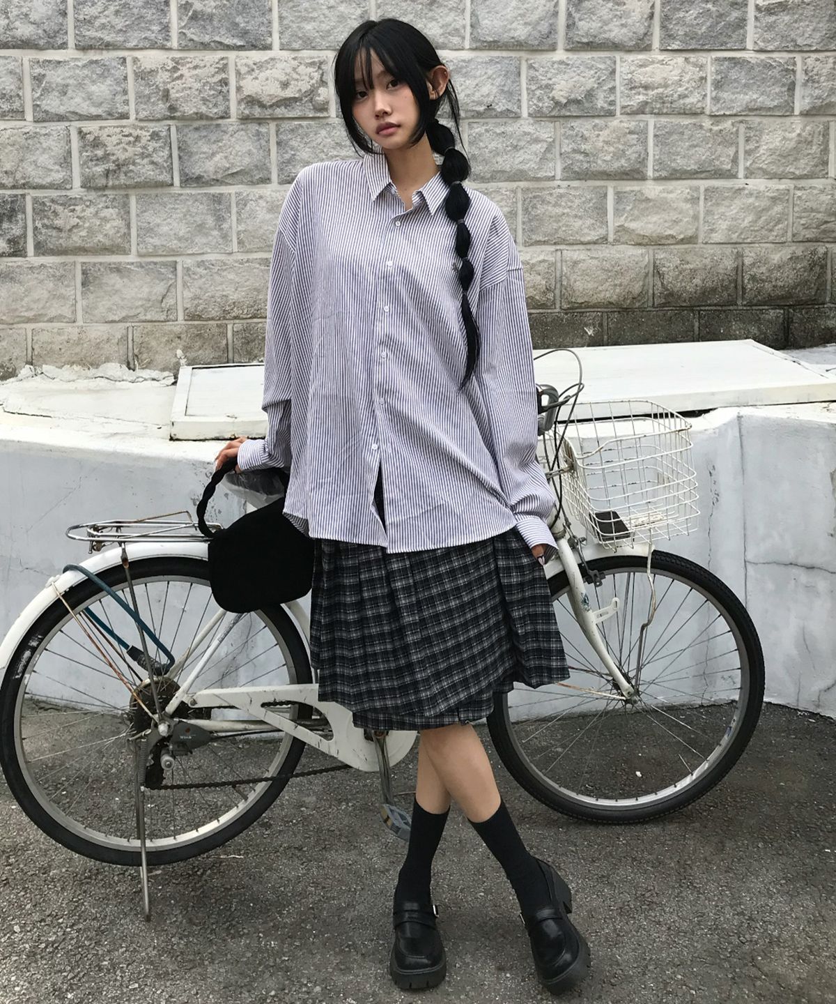 칙스(CHICKS) 스플릿 체크 레이어드 스커트 블랙