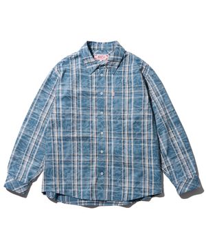 WASHED TARTAN CHECK POCKET SHIRTS-SKY BLUE