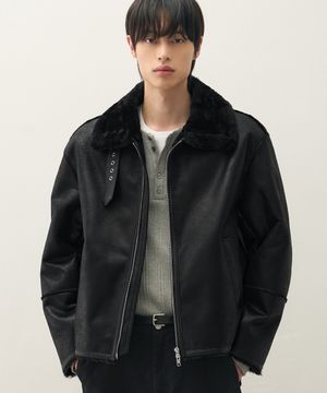 오버사이즈 스웨이드 라인 무스탕 자켓 [ALL BLACK]