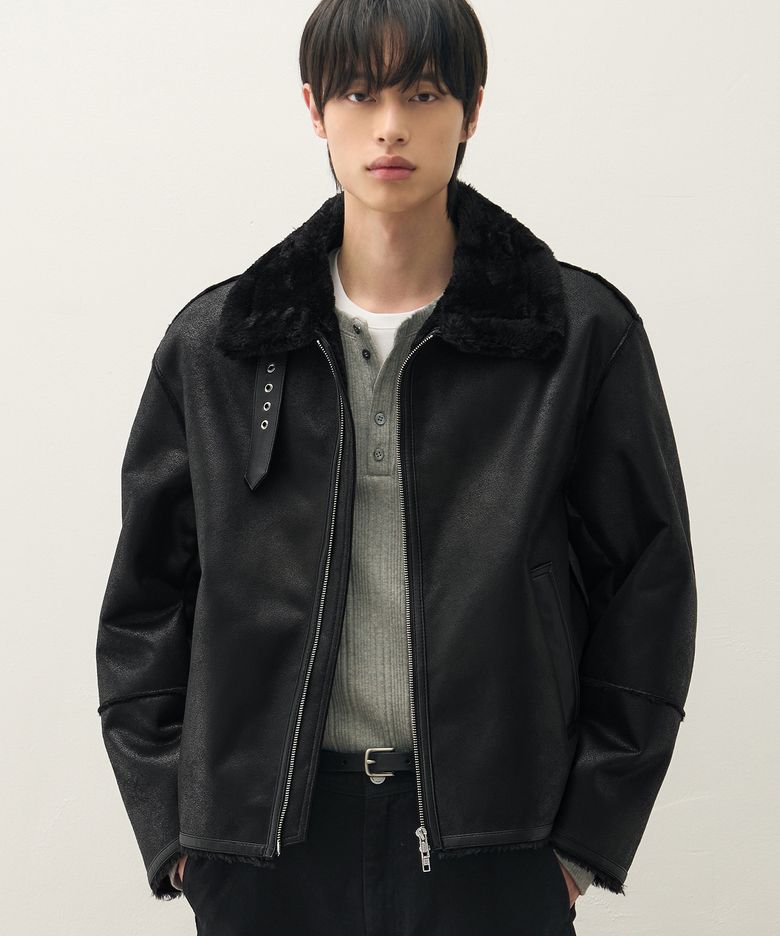 오버사이즈 스웨이드 라인 무스탕 자켓 [ALL BLACK]