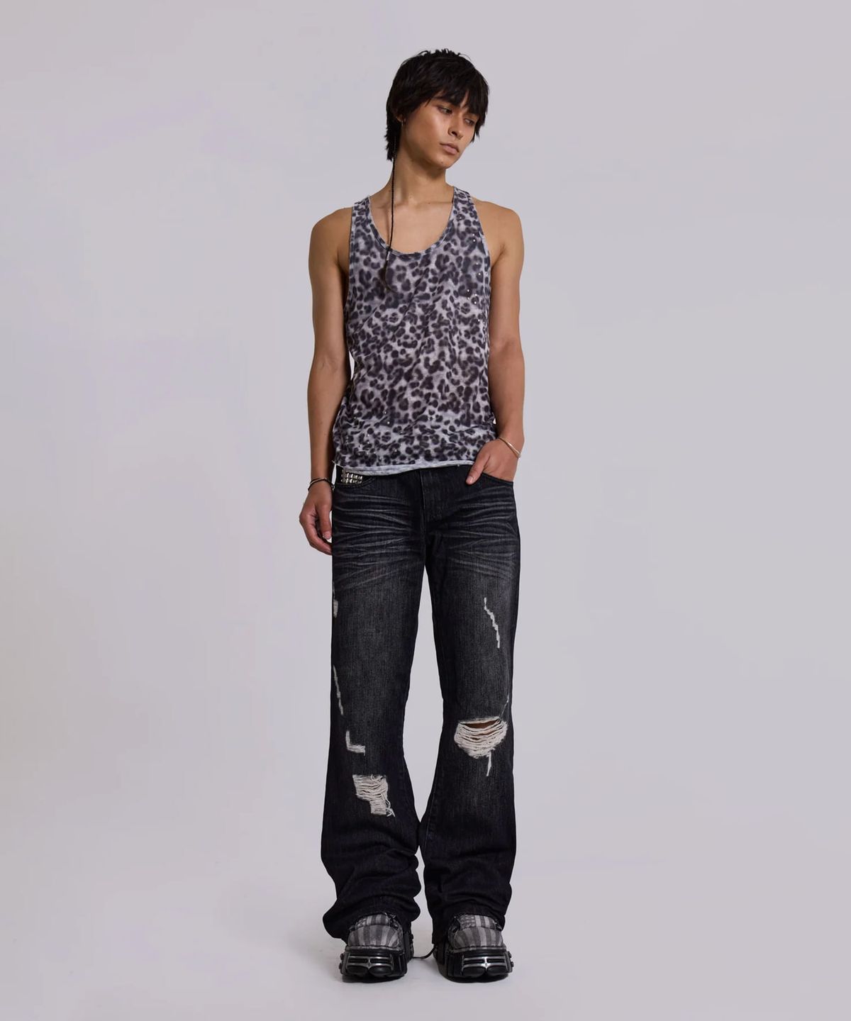제이디드 런던(JADED LONDON) (U) 그레이 레오파드 스터드 탱크 에스비 멀티 GREY LEOPARD STUD TANK SB MULTI