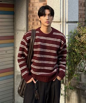 울 헤어리 스트라이프 풀오버 니트 [DARK RED]