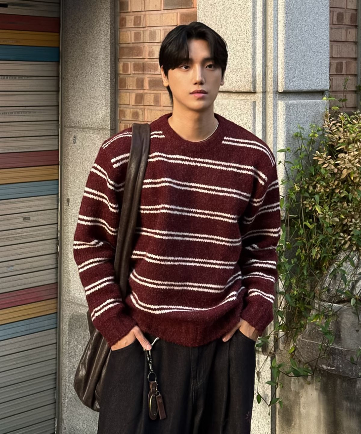 드로우핏(DRAW FIT) 울 헤어리 스트라이프 풀오버 니트 [DARK RED]