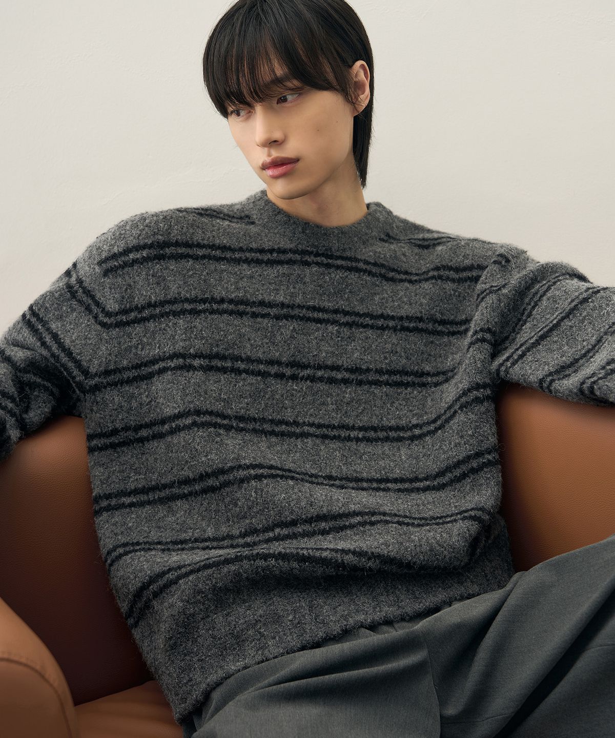드로우핏(DRAW FIT) 울 헤어리 스트라이프 풀오버 니트 [MELANGE GREY]