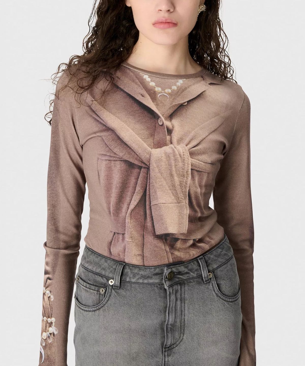 마린 세르(MARINE SERRE) (W) 트롱프 뢰유 니트 저지 롱슬리브 티셔츠 베이지 TROMPE-LOEIL KNIT JERSEY LS T-SHIRT BG20 BEIGE