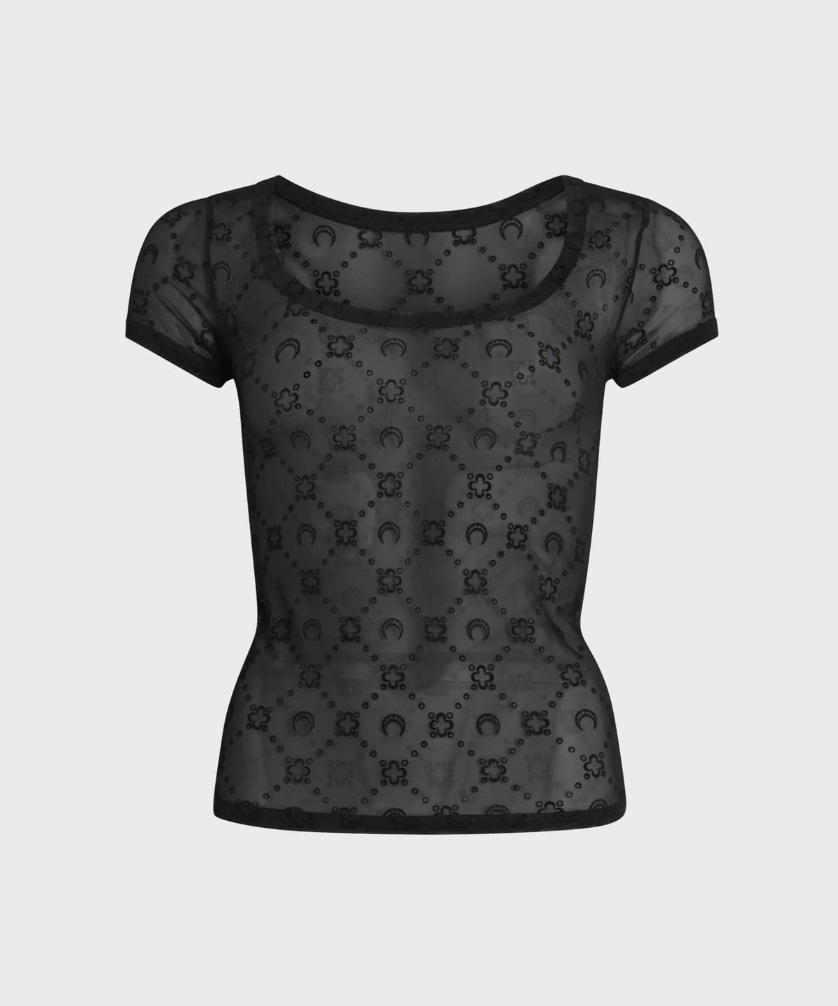 마린 세르(MARINE SERRE) (W) 무노그램 매쉬 플록 숏슬리브 라운드넥 탑 블랙 MOONOGRAM MESH FLOCK SS ROUNDNECK TOP BK99 BLACK