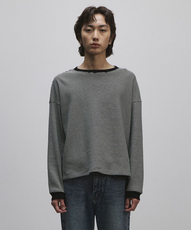 DROP SHOULDER COTTON STRIPED T-SHIRT BLACK