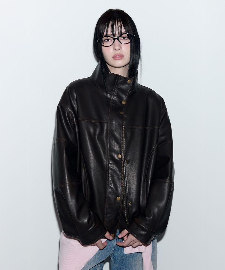 FUR COLLAR LEATHER JUMPER BROWN