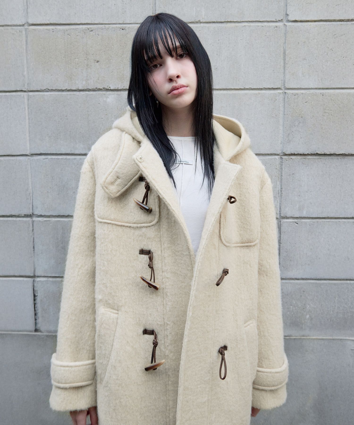 ROLAROLA DUFFLE HALF COAT IVORY 韓国アイドル着用 MUSINSA公式 | ROLAROLA HOOD DUFFLE HALF COAT LIGHT BEIGE