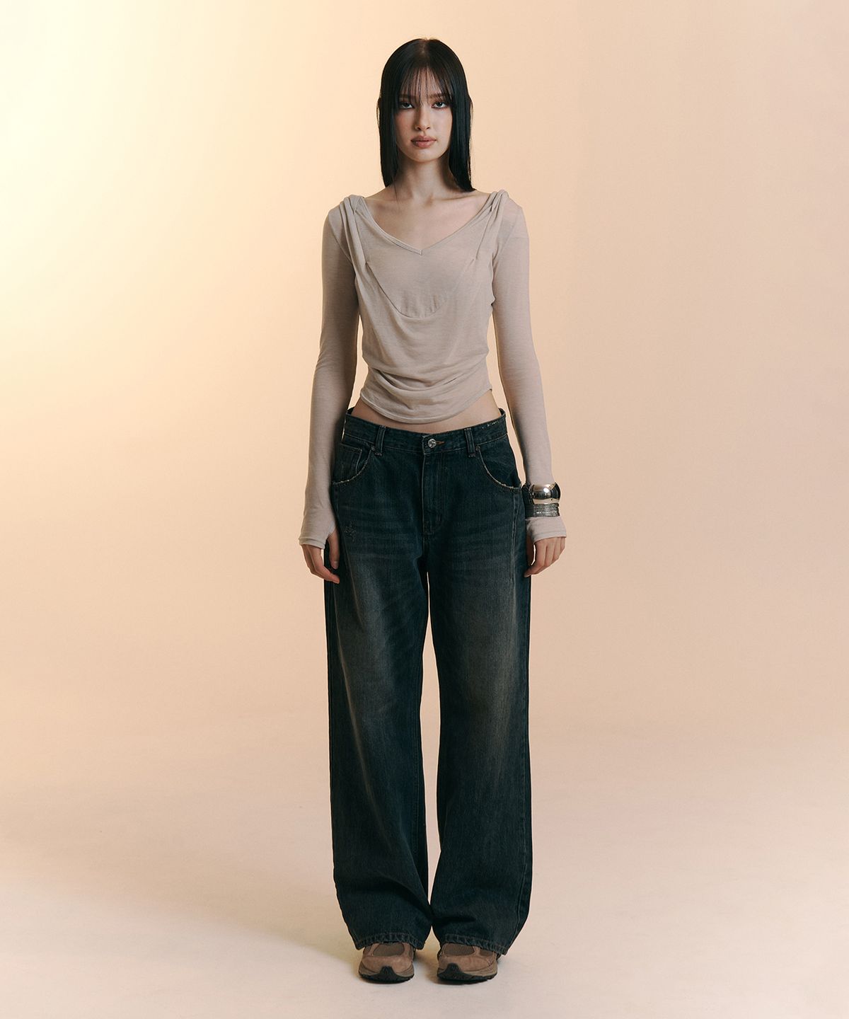 플리즈노팔로우(PLEASENOFOLLOW) 25Damaged Washing Wide Denim (Washed Deep Blue)