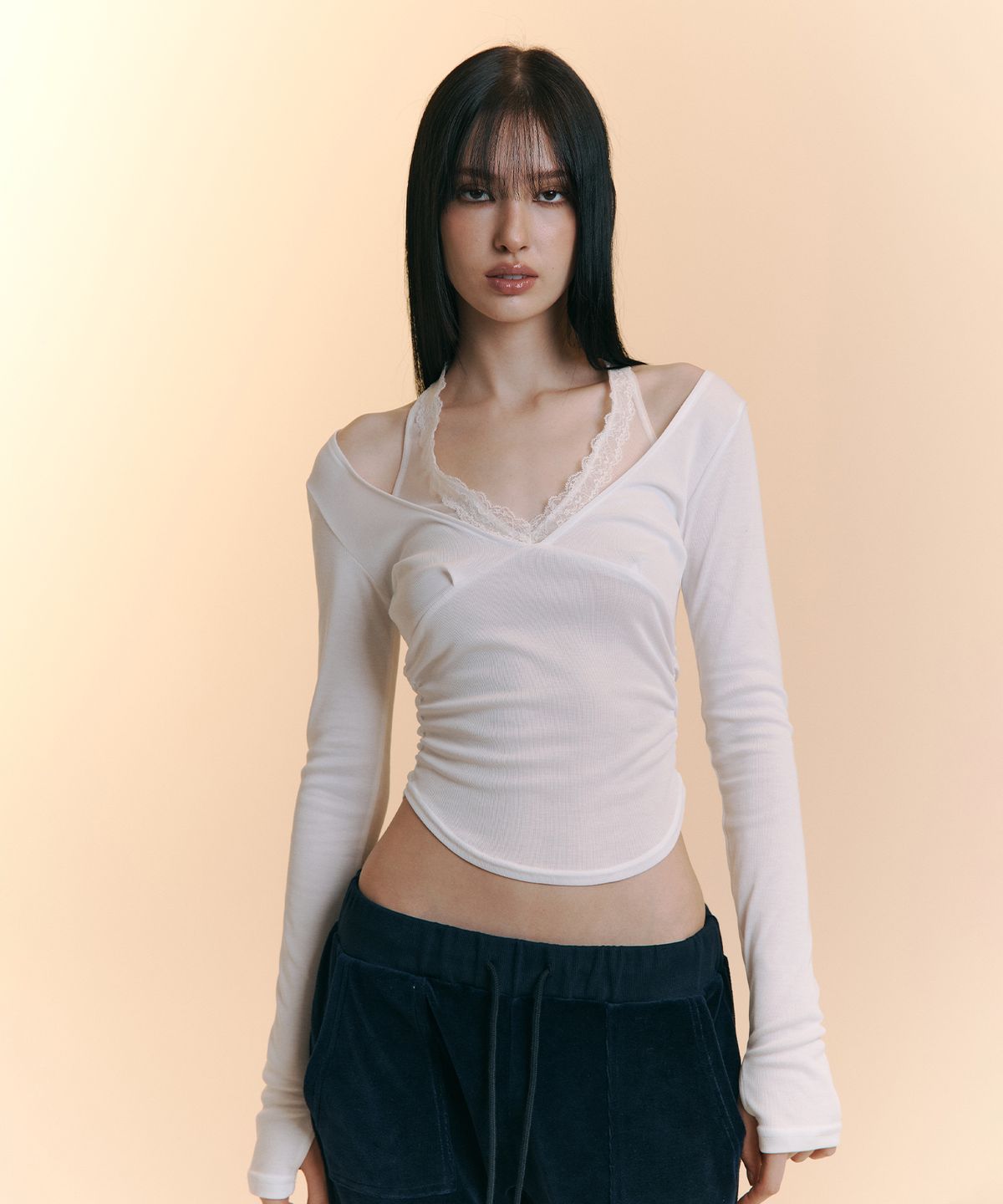 플리즈노팔로우(PLEASENOFOLLOW) Amelia Lace Halter Long Sleeve Top  (Ivory)