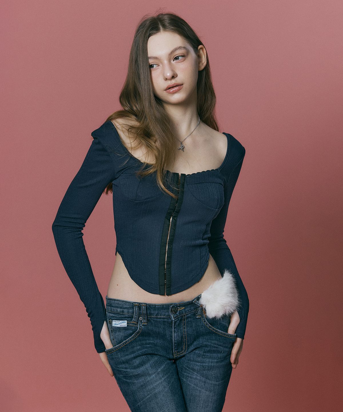 플리즈노팔로우(PLEASENOFOLLOW) Joan Corset Long Sleeve Top (Navy)