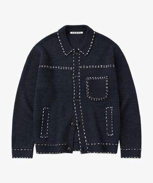 (우먼)울 핸드 스티치 트러커 니트 자켓 네이비