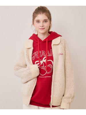 리본 체리 루즈핏 니트 집업 [아이보리]