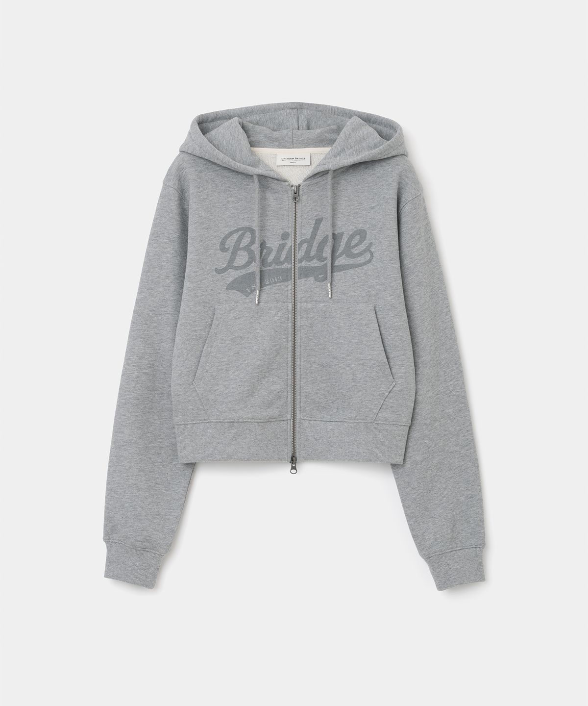 유니폼브릿지(UNIFORM BRIDGE) logo hoodie zip-up crop fit(womens) melange grey