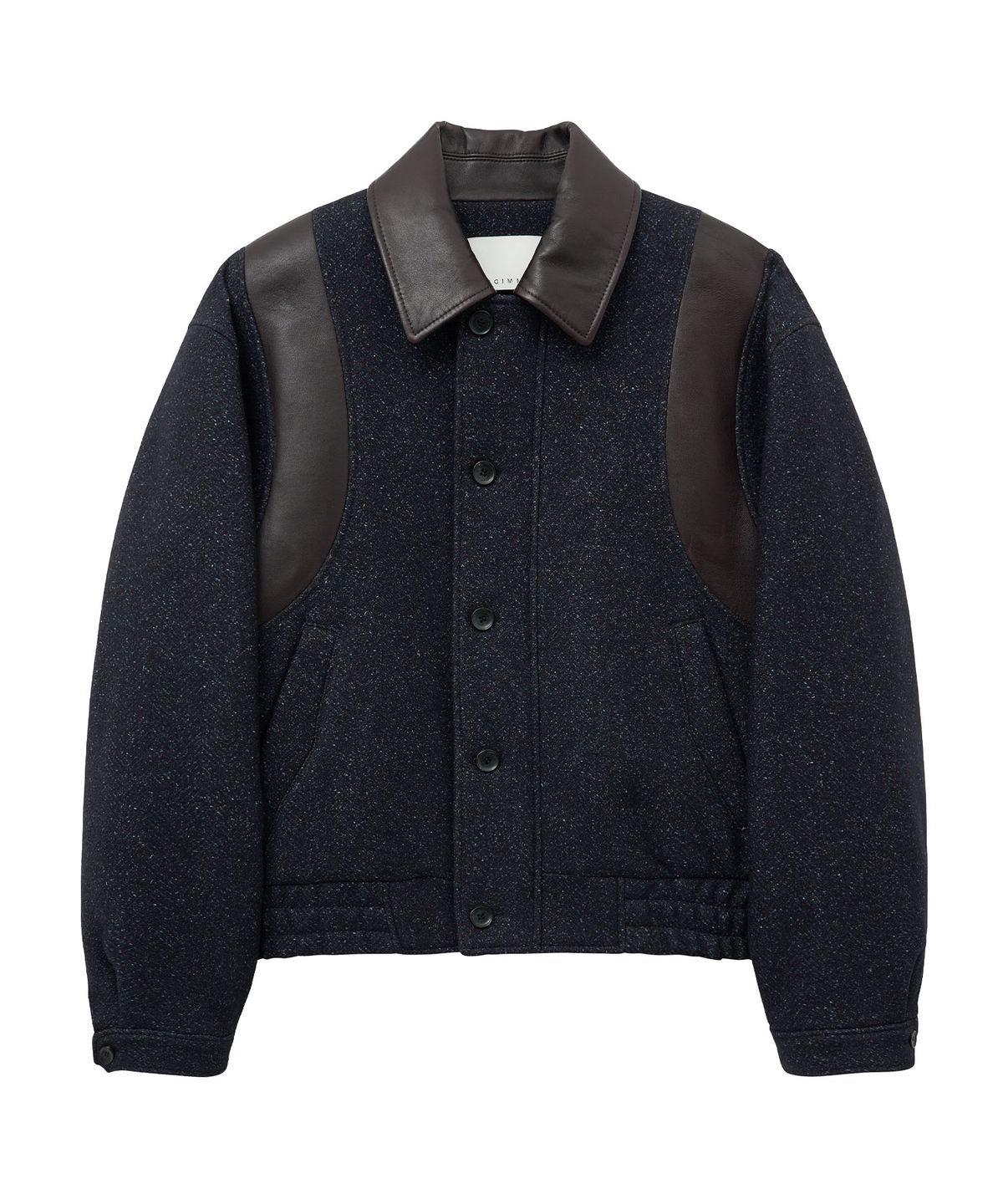 언지미크(UNGIMMICK) LEATHER TRIM HERRINGBONE VARSITY JACKET (NAVY BROWN)