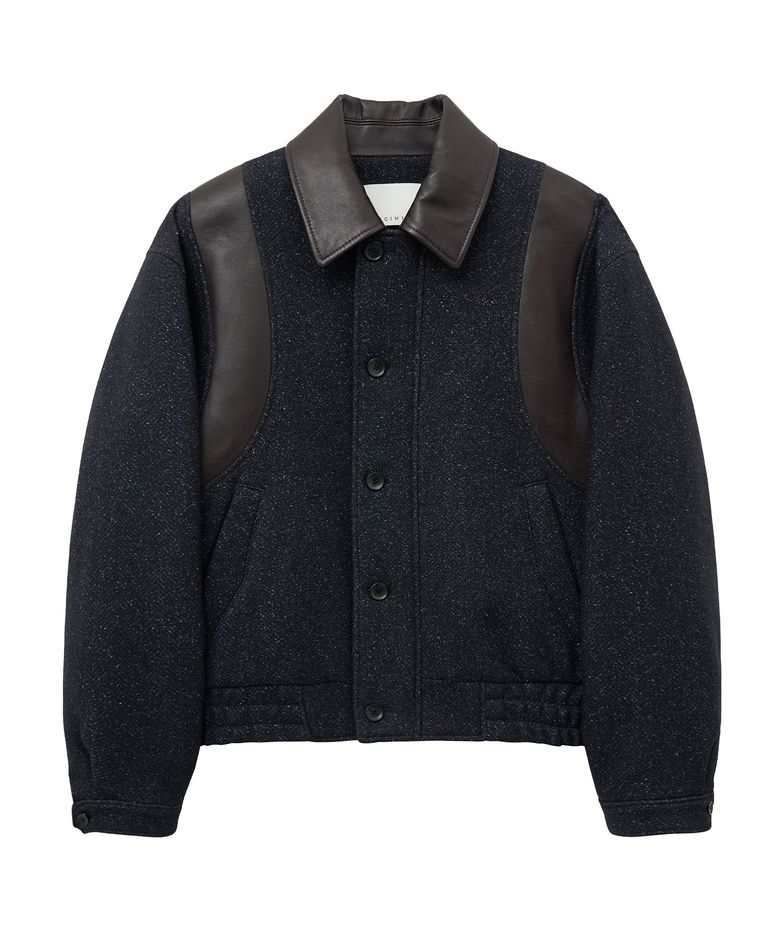 LEATHER TRIM HERRINGBONE VARSITY JACKET (NAVY BROWN)
