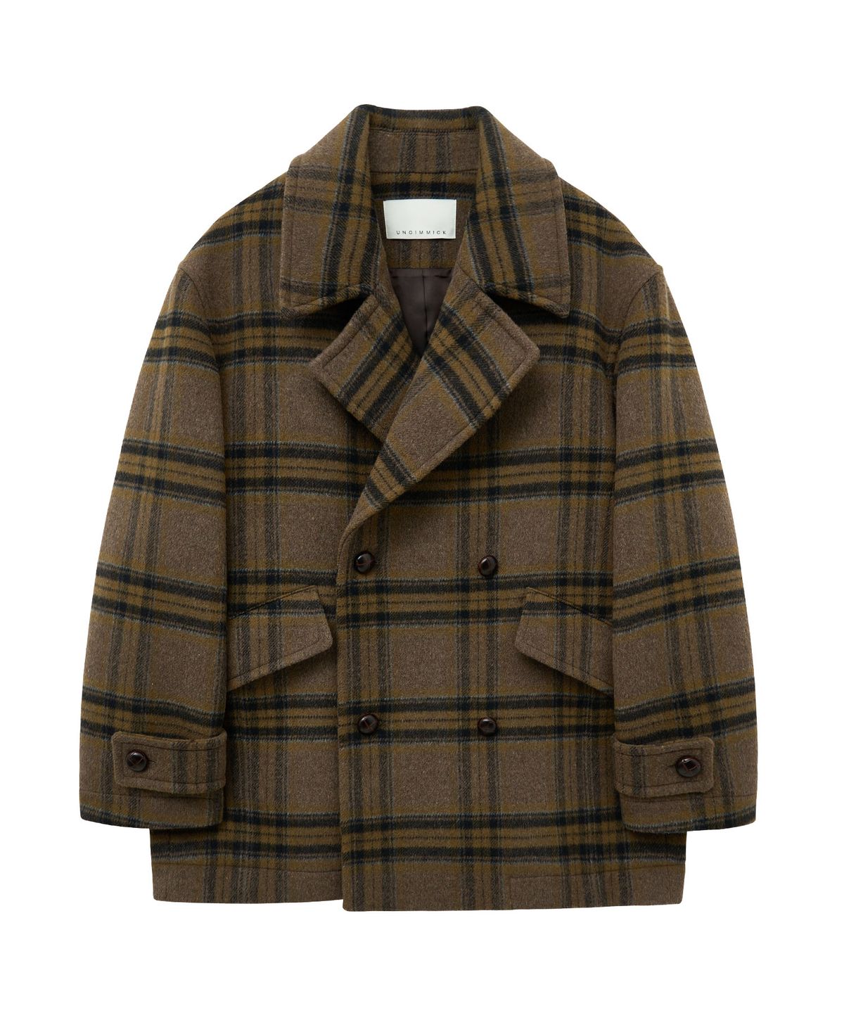 언지미크(UNGIMMICK) DOUBLE BREASTED CHECK PEA COAT (BROWN)