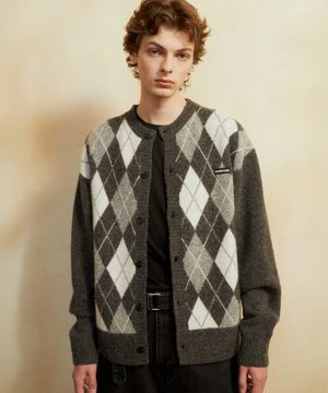 Round-Neck Argyle Cardigan (GREY)