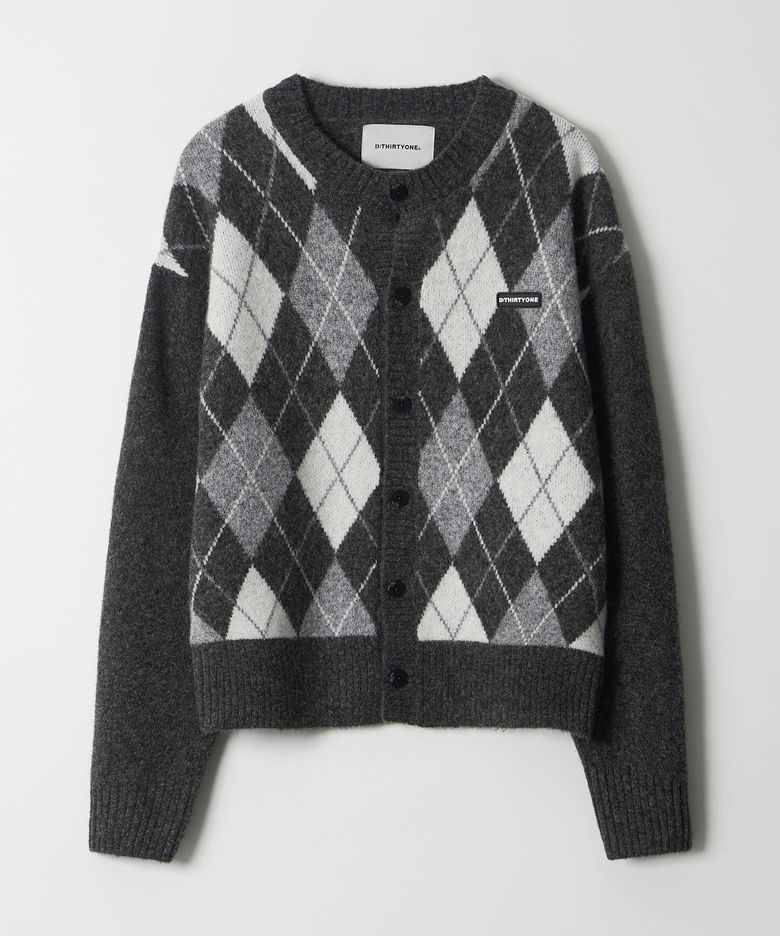 Round-Neck Argyle Cardigan (GREY)