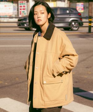 Two-Tone Collar Padded Work Jacket (BEIGE)