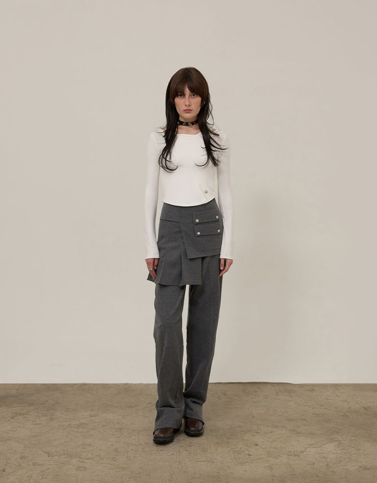 엠엠더블유(MMW) [MMW] LAYERED WRAP SKIRT PANTS (CHARCOAL)