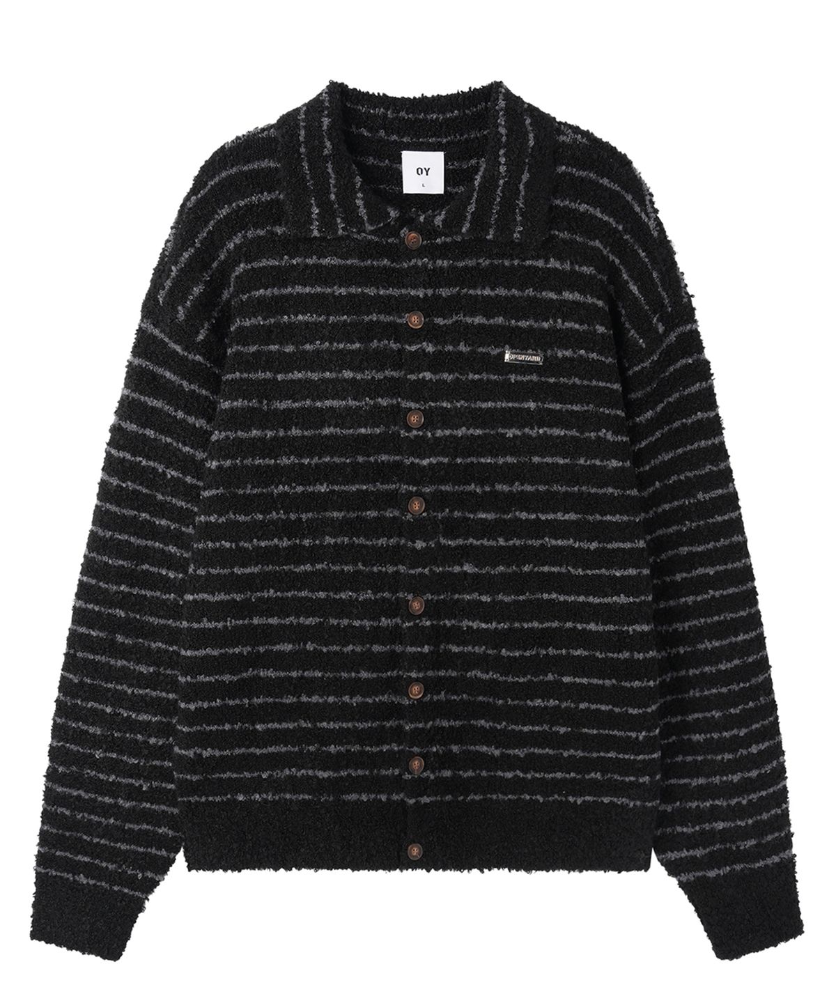 오픈야드(오와이)(OPENYARD(OY)) STRIPED BOUCLE COLLAR KNIT CARDIGAN - BLACK